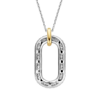 TI SENTO silver necklace has an oval-shaped pendant handset with a pavé of shimmering white cubic zirconia. A gold-plated clip holds it tight to its silver chain.