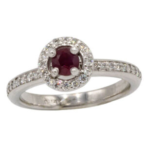 Ruby & halo diamond ring with channel band set in white gold