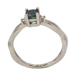 Round cut blue green alexandrite & diamond ring in a white gold setting