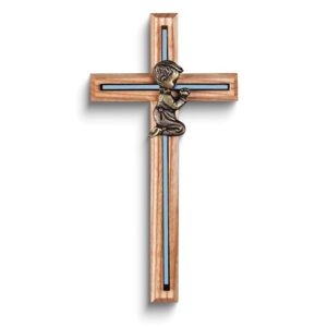 Gold-tone Praying Boy with Blue Inlay Oak Wall Cross
