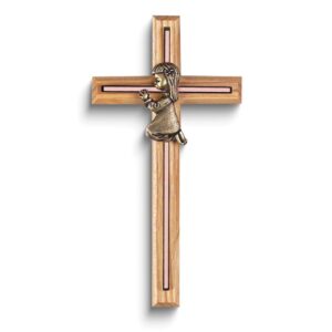 Gold-tone Praying Girl with Pink Inlay Oak Wall Cross