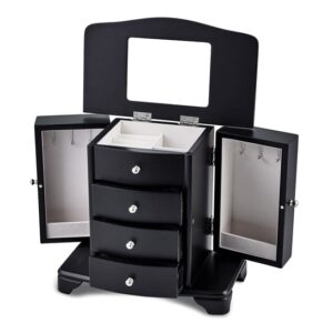 Wooden Java Finish Mirrored Lid Suede Lining Eight Drawer Jewelry Box
