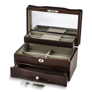 Mahogany Finish Mirrored Wooden Locking Jewelry Box with Grey Suede Lining
