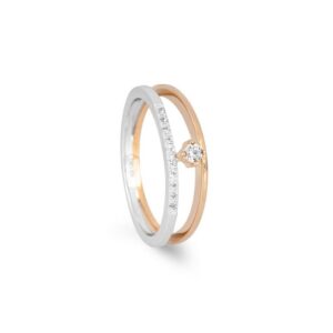 two tone rose and white gold fashion ring set with natural brilliant cut diamond melee 