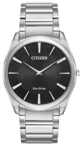 Silver stainless steel with black dial