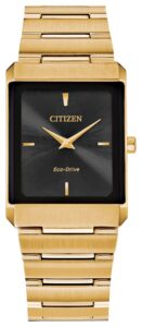 Gold tone stainless steel with black dial