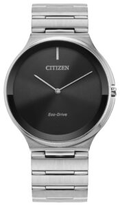Silver stainless steel with black dial