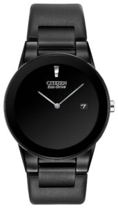 Black stainless steel with black dial and leather band