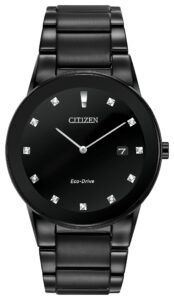 Black stainless steel with black dial and diamond accents
