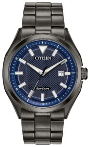 Black stainless steel with blue dial. 