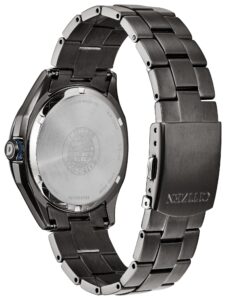 Black stainless steel with blue dial. 