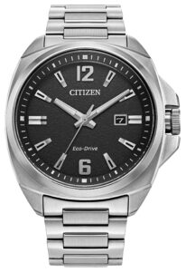 Silver stainless steel with black dial