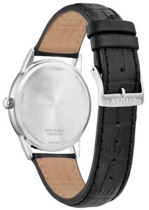 Stainless steel with blue dial with leather strap.