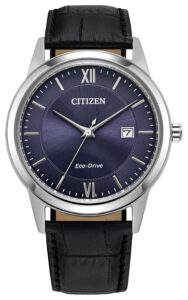 Stainless steel with blue dial with leather strap.