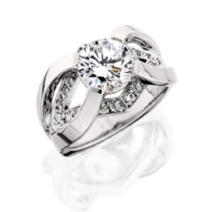 Unique Aurum engagement ring with a specialty style center head and natural brilliant cut diamond melee 