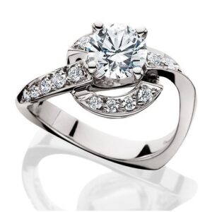 Aurum Design engagement ring set with natural brilliant cut diamond melee and a 4 prong peg head