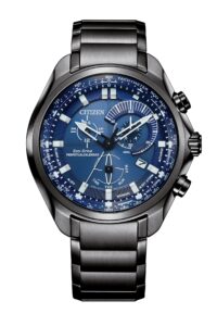 Gray stainless steel with blue dial