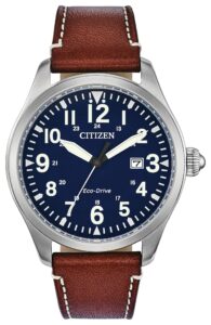 Stainless steel with blue dial and leather strap