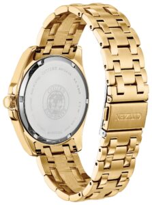 Gold tone stainless steel with blue dial and diamond accents