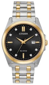 Two-tone stainless steel with black dial and diamond accents