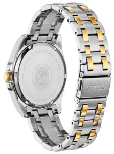 Two-tone stainless steel with black dial and diamond accents