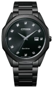 Black stainless steel with black dial and diamond accents