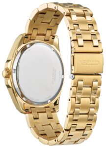 Gold tone stainless steel with blue dial