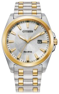 Two-tone stainless steel with silver dial.
