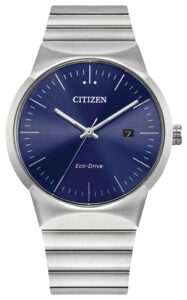 Silver stainless steel with blue dial