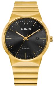 Gold-tone stainless steel with black dial