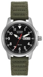 Silver stainless steel with black dial and green nylon strap