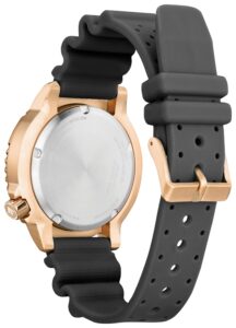 Gold-tone stainless steel with gray dial and luminous hands and markers and Polyurethane strap