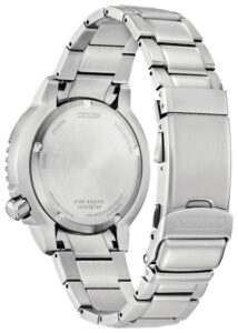 Stainless steel with gray dial and luminous hands and markers