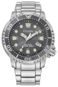 Stainless steel with gray dial and luminous hands and markers