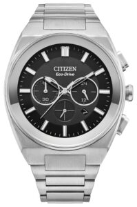 Silver stainless steel with black dial