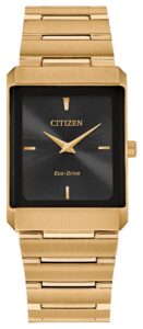 Gold tone stainless steel with black dial