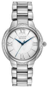 Silver stainless steel with white dial. 