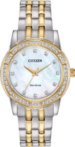 Gold two tone stainless steel with white dial and crystal accented