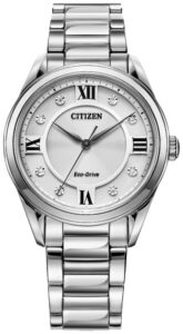 Silver stainless steel with silver-tone dial and diamond accents.