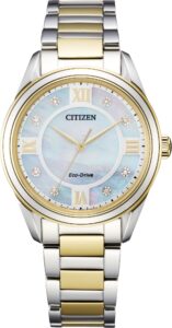 Two tone stainless steel with white mother of pearl dial and diamond accented