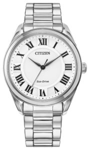 Silver stainless steel with white dial. 