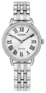 Silver stainless steel with silver tone dial.