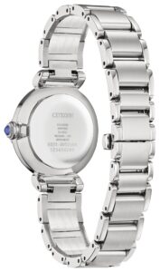 Silver stainless steel with light blue dial and diamond accent.