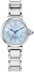 Silver stainless steel with light blue dial and diamond accent.