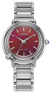 Silver stainless steel with red dial with additional red leather strap.