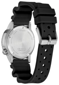 Silver stainless steel with black dial and Polyurethane
band.