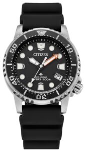 Silver stainless steel with black dial and Polyurethane
band.