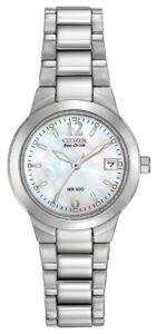 Silver stainless steel with white dial and luminous hands and markers.