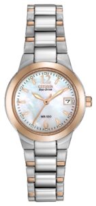 Two tone stainless steel with white dial and luminous hands and markers.