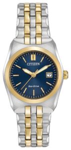 Two-tone stainless steel with blue dial and luminous hands.
